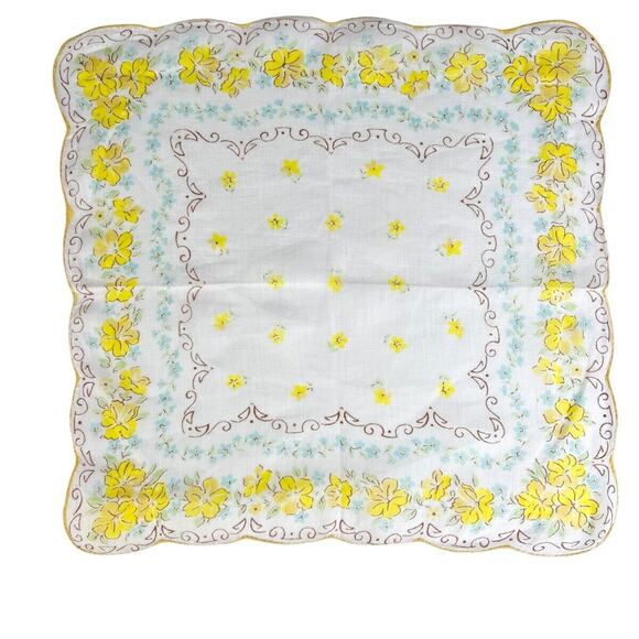 Handkerchief Vintage Floral Print Scalloped Edges Flowers Yellow Blue 12x11.5 - Picture 1 of 5
